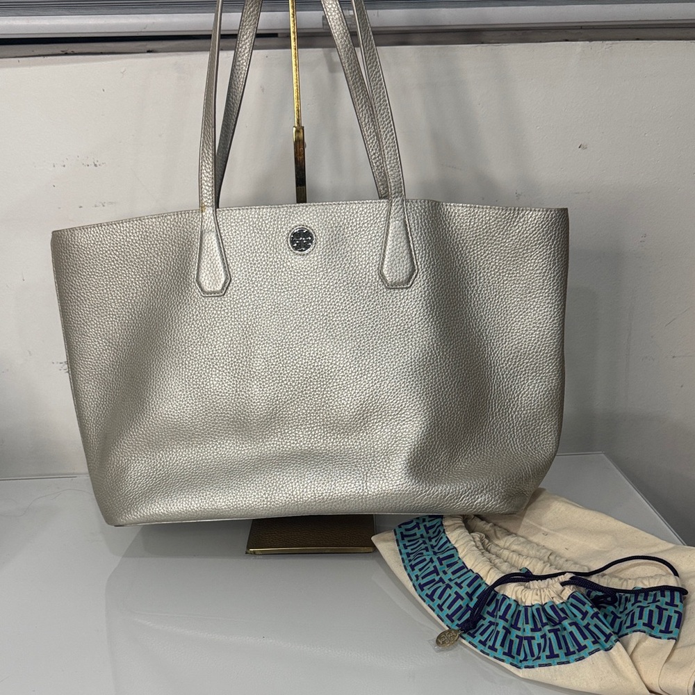 Tory Burch Metallic Silver Leather Tote – Includes Dust Bag